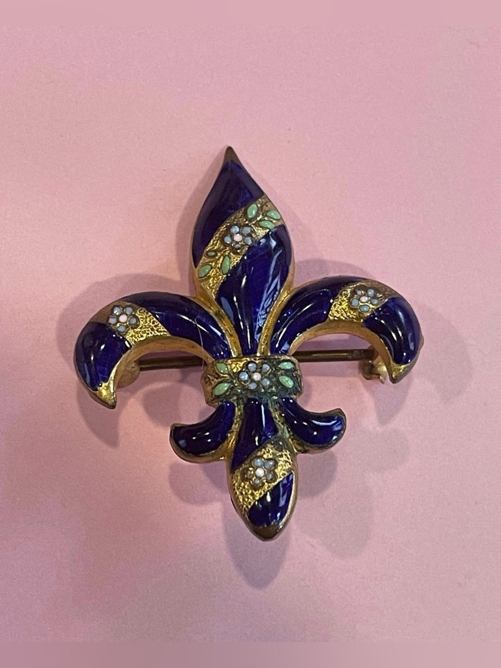 Vintage Blue Enamel Fleur-de-lis Brooch Watch Holder #8024